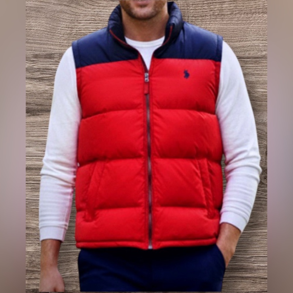 U.S. Polo Assn. Men’s Puffer Vest Red Navy Blue Logo Full Zip Warm Size XL